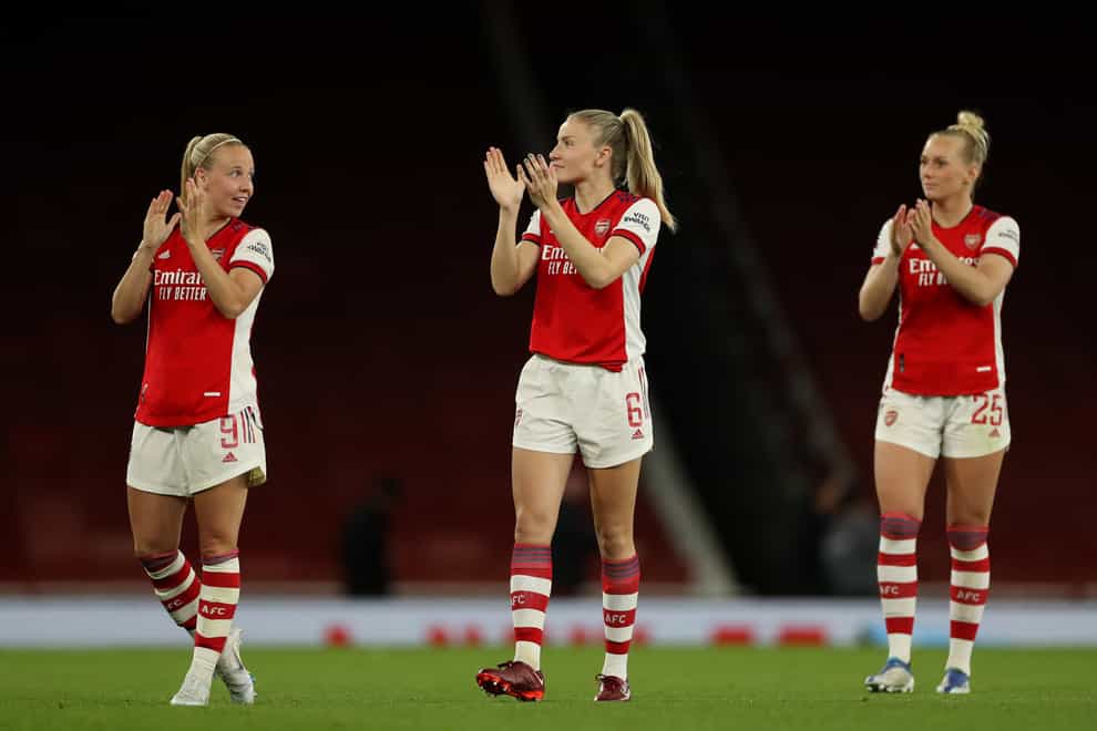 Leah Williamson (centre) helped Arsenal to victory over Tottenham at the Emirates Stadium on Wednesday night (Bradley Collyer/PA)