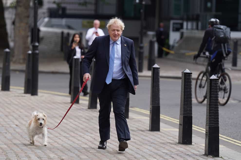 Prime Minister Boris Johnson arrives with his dog Dilyn to vote at Methodist Central Hall, central London, in the local government elections (Stefan Rousseau/PA)