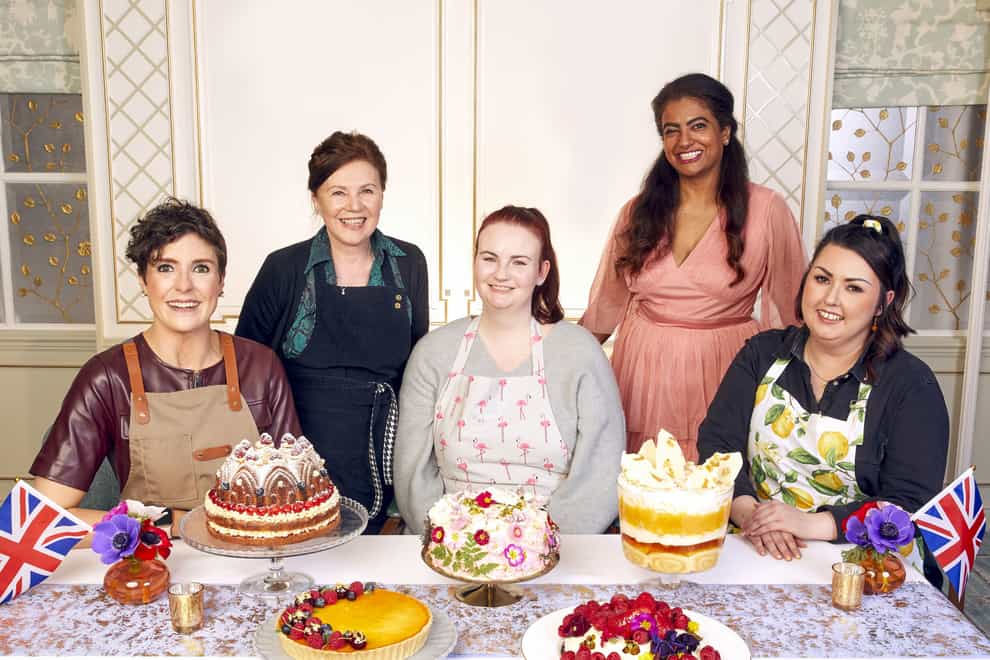The finalists of the contest, Sam, Susan, Kathryn, Shabnam, Jemma with their puddings (BBC/PA)