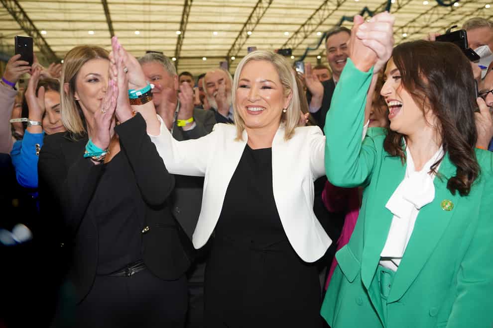 Michelle O’Neill reacts to her election in Mid Ulster (Niall Carson/PA)