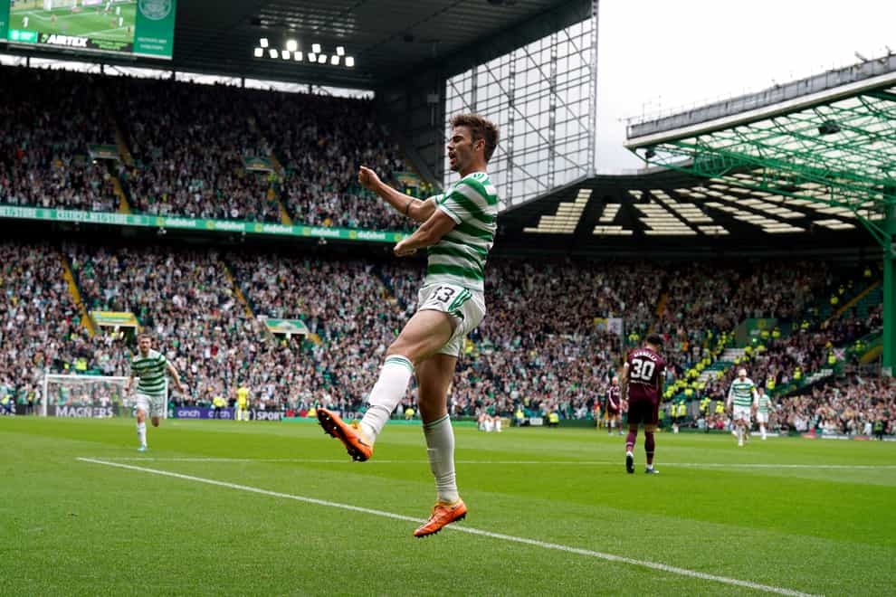 Celtic’s Matt O’Riley celebrates putting the hosts 3-1 up (Andrew Milligan/PA)