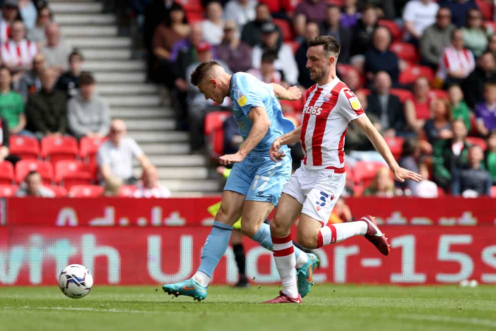 Viktor Gyokeres, left, fires Coventry ahead at Stoke (Barrington Coombs/PA)