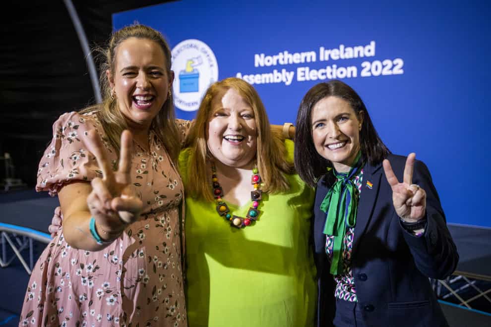 (left to right) Alliance Party of NI Assembly elected candidates Kate Nicholl, party leader Naomi Long and Paula Bradshaw (Liam McBurney/PA)