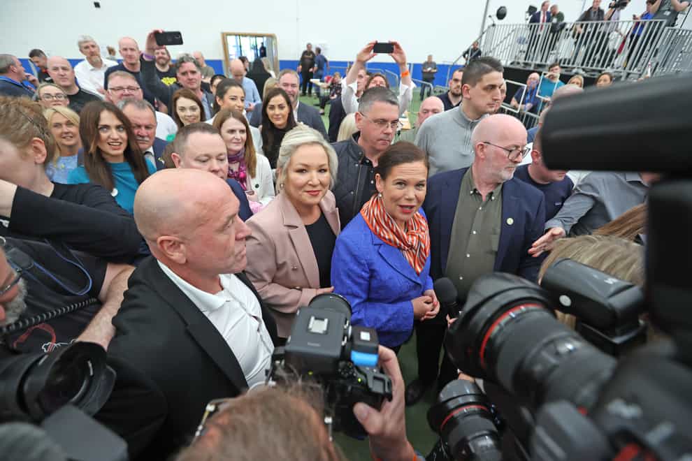 Sinn Fein leader Mary Lou McDonald and Michelle O’Neill arrive at the Northern Ireland Assembly Election count centre at Meadowbank Sports arena in Magherafelt (Liam McBurney/PA)