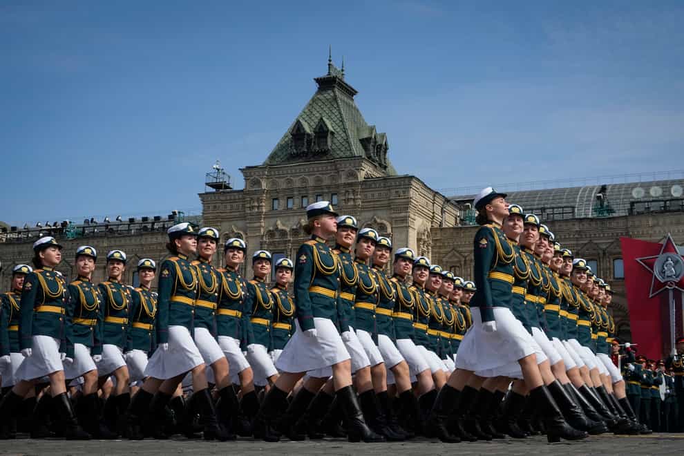 Russian servicewomen march during a dress rehearsal for the Victory Day military parade in Moscow (Alexander Zemlianichenko/AP)