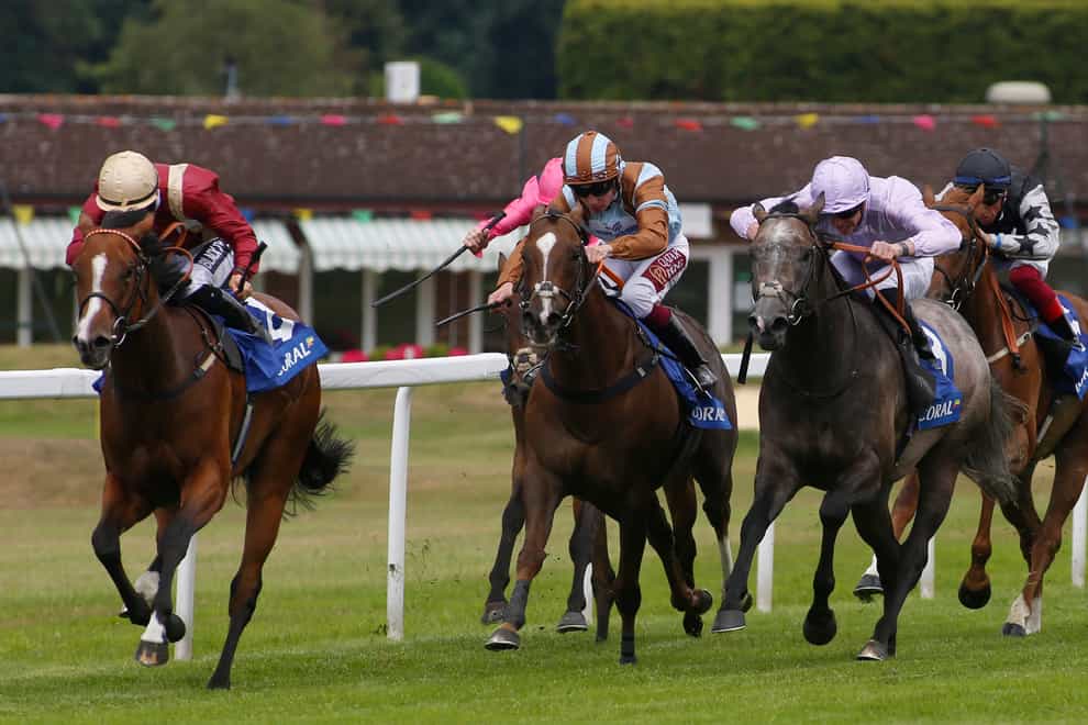 Harry Bentley and Kurious win The Coral Charge Race run during Coral-Eclipse Day of the Coral Summer Festival at Sandown Park Racecourse, Esher (Julian Herbert/PA)