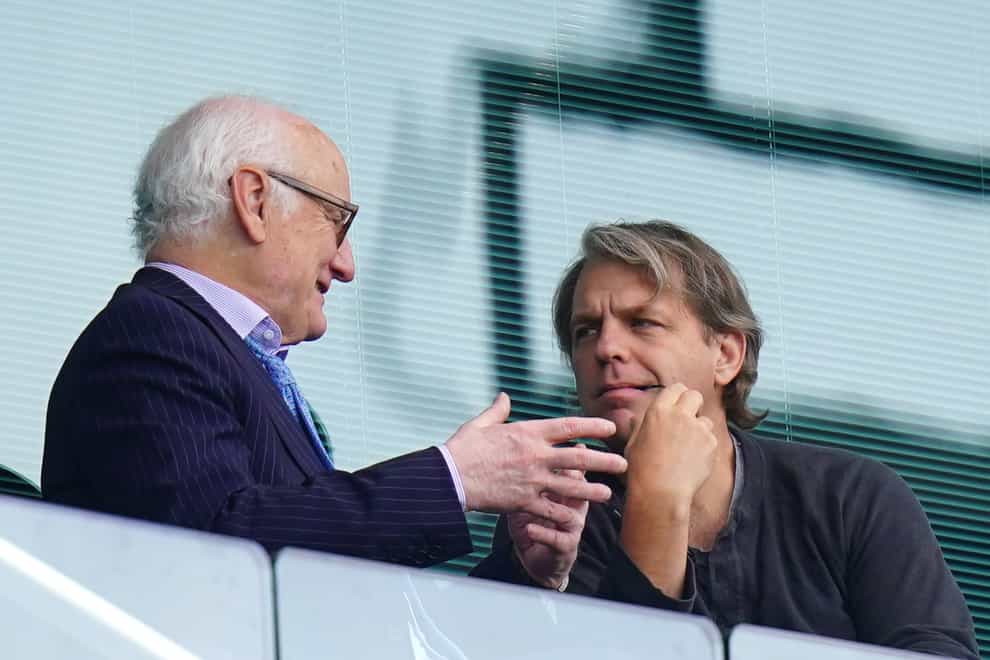 Prospective Chelsea owner Todd Boehly, right, in conversation with Blues chairman Bruce Buck, left, at Stamford Bridge (Adam Davy/PA)
