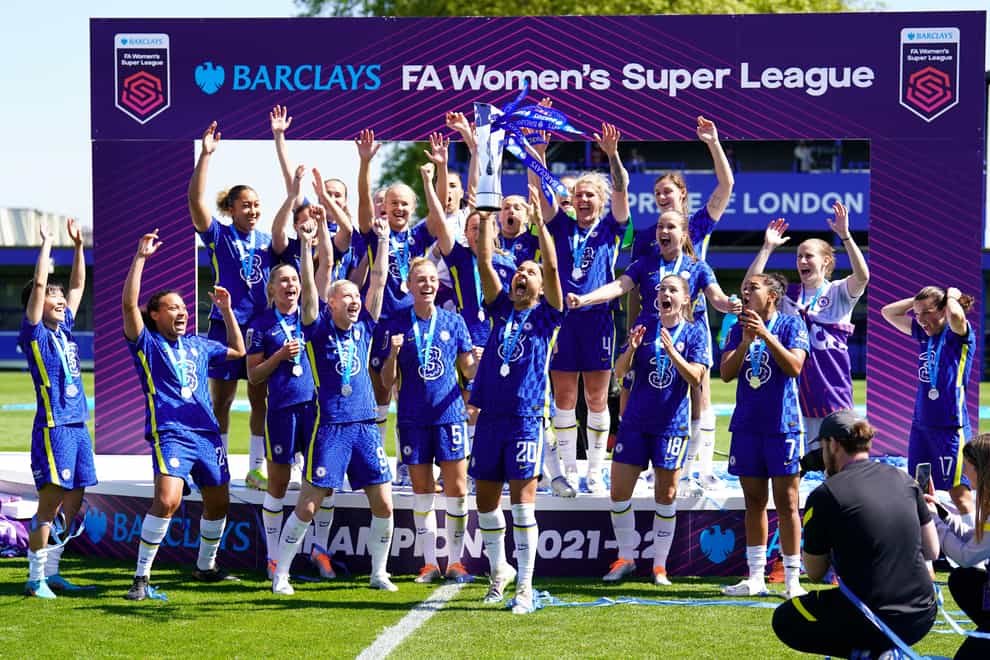 Chelsea’s Sam Kerr lifts the Women’s Super League trophy (Adam Davy/PA)