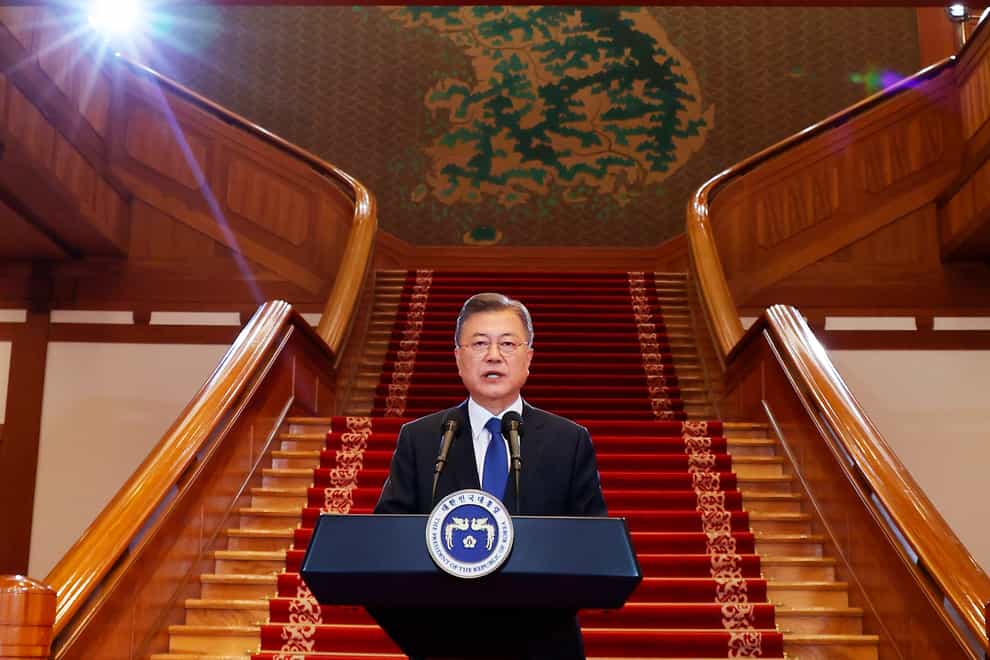 South Korea’s departing president has defended his policy of engaging North Korea, saying in his farewell speech that he hopes efforts to restore peace and denuclearisation on the Korean Peninsula will continue (Sur Myung-gon/Yonhap via AP)