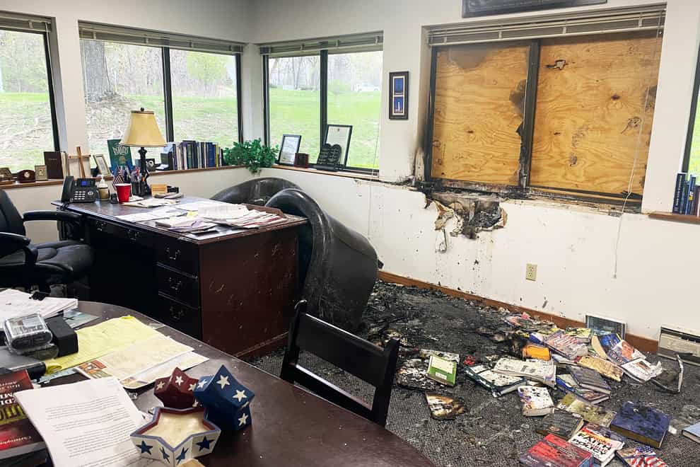 Damage is seen in the interior of Madison’s Wisconsin Family Action headquarters in Madison, Wisconsin (Alex Shur/Wisconsin State Journal/AP)