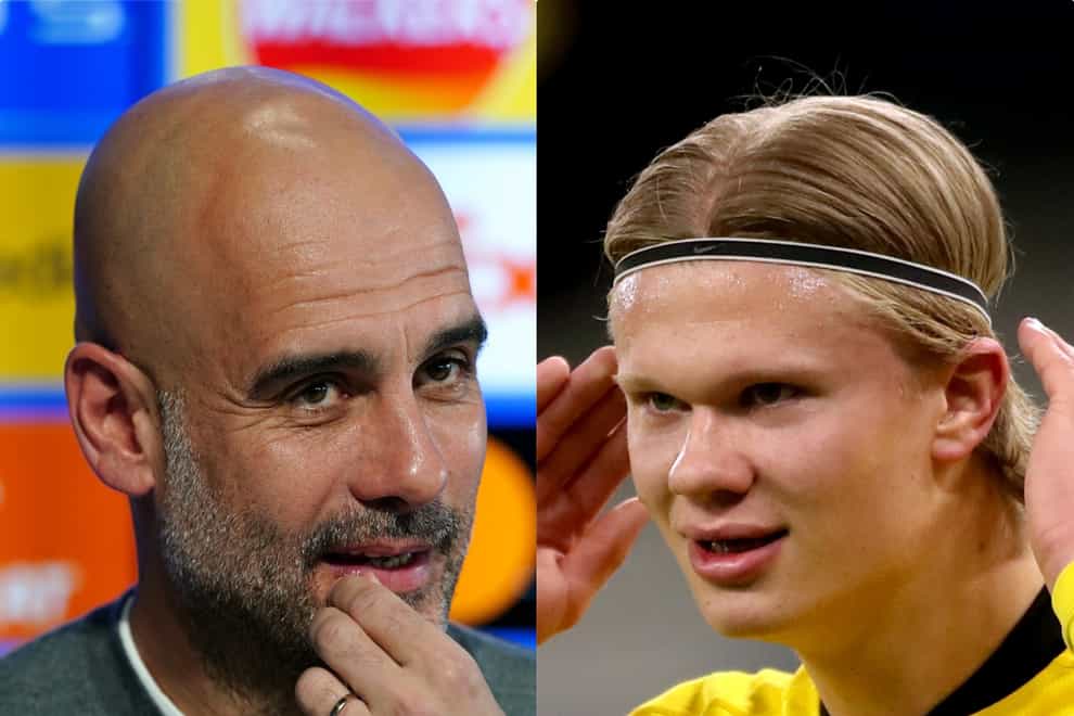 Pep Guardiola (left) has hinted that Erling Haaland (right) could be on his way to Manchester City