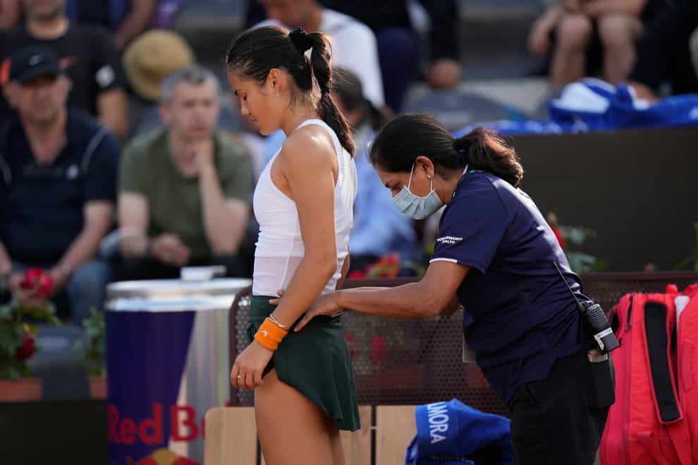 Emma Raducanu was forced to retire from her opening-round clash in Rome (Andrew Medichini/AP).