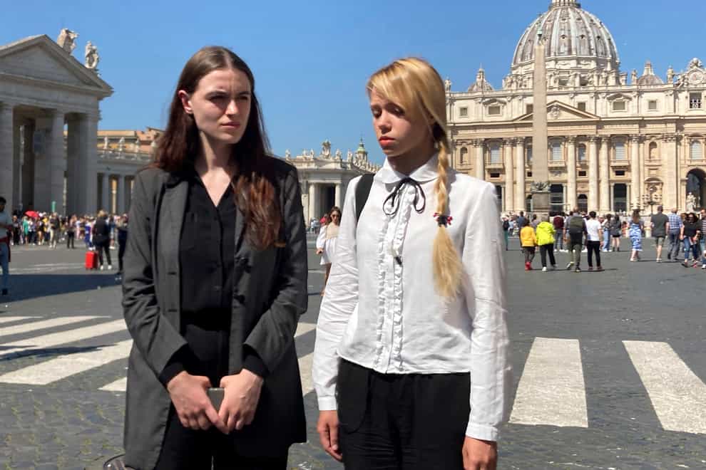 Kateryna Prokopenko, right, wife of Azov Regiment Commander Denys Prokopenko, and Yuliia Fedosiuk, both from Ukraine, talk to the Associated Press at the end of the weekly general audience where they met Pope Francis in St Peter’s Square at the Vatican (Nicole Winfield/AP)