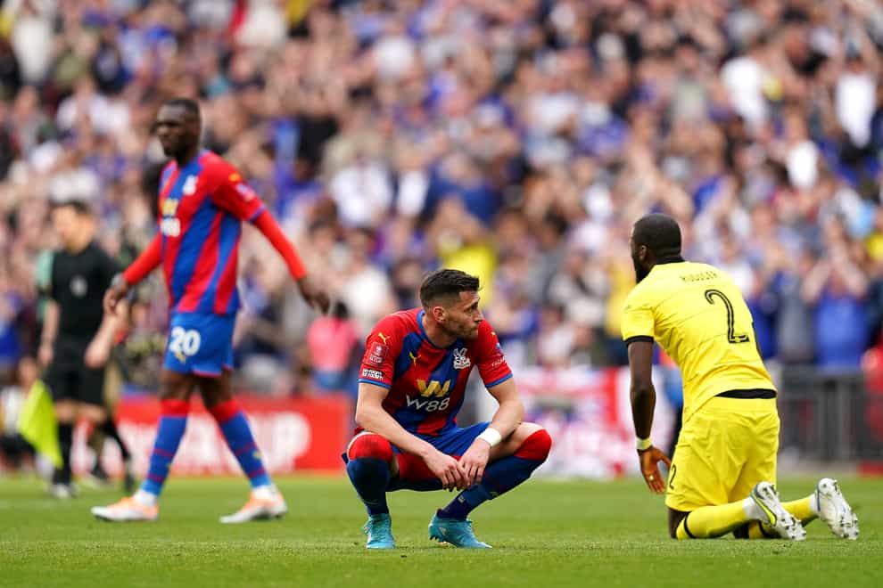 Joel Ward shows his disappointment at the full time whistle of the FA Cup semi-final between Chelsea and Crystal Palace last month (John Walton/PA)