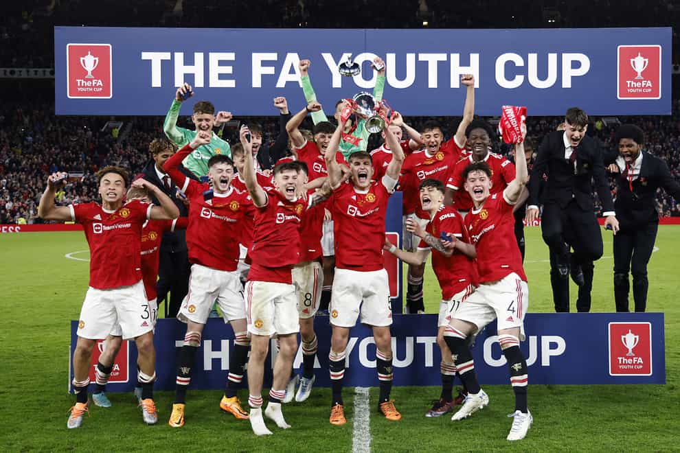 Manchester United celebrate winning the FA Youth Cup (Richard Sellers/PA)