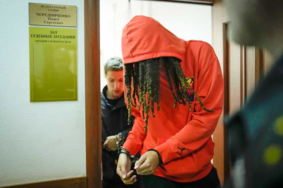 Brittney Griner leaves a courtroom after a hearing in Khimki, just outside Moscow, Russia (Alexander Zemlianichenko/AP)