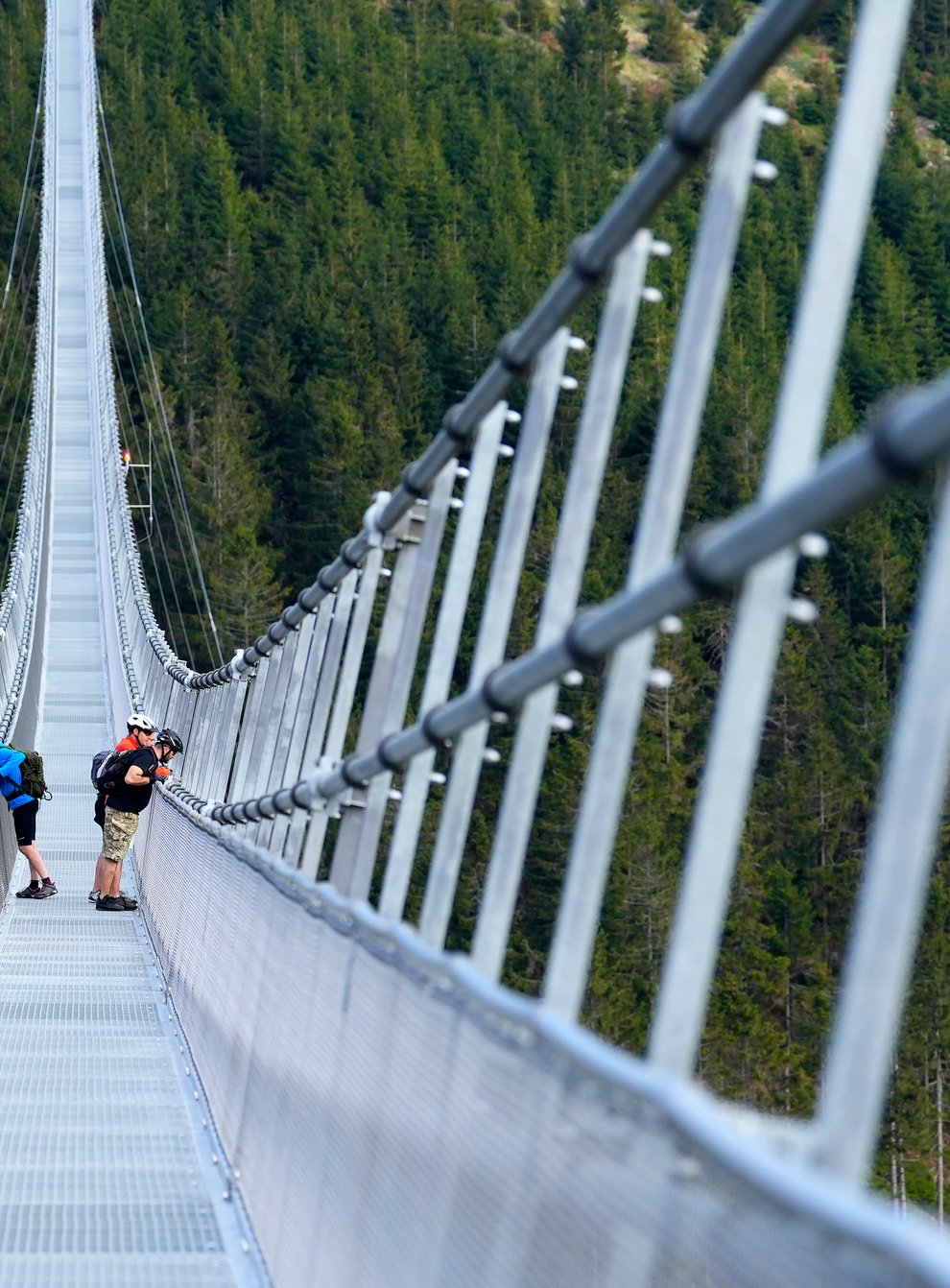 People stand on the suspension bridge a day before its official opening at a mountain resort in Dolni Morava, Czech Republic (Petr David Josek/AP)