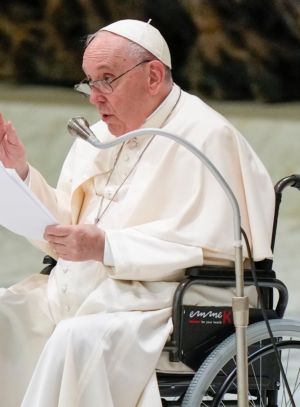 Pope Francis in a wheelchair delivers his address during an audience with members of the Italian Civil Aviation Authority in the Paul VI Hall at The Vatican on Friday May 13 2022 (Andrew Medichini/AP)