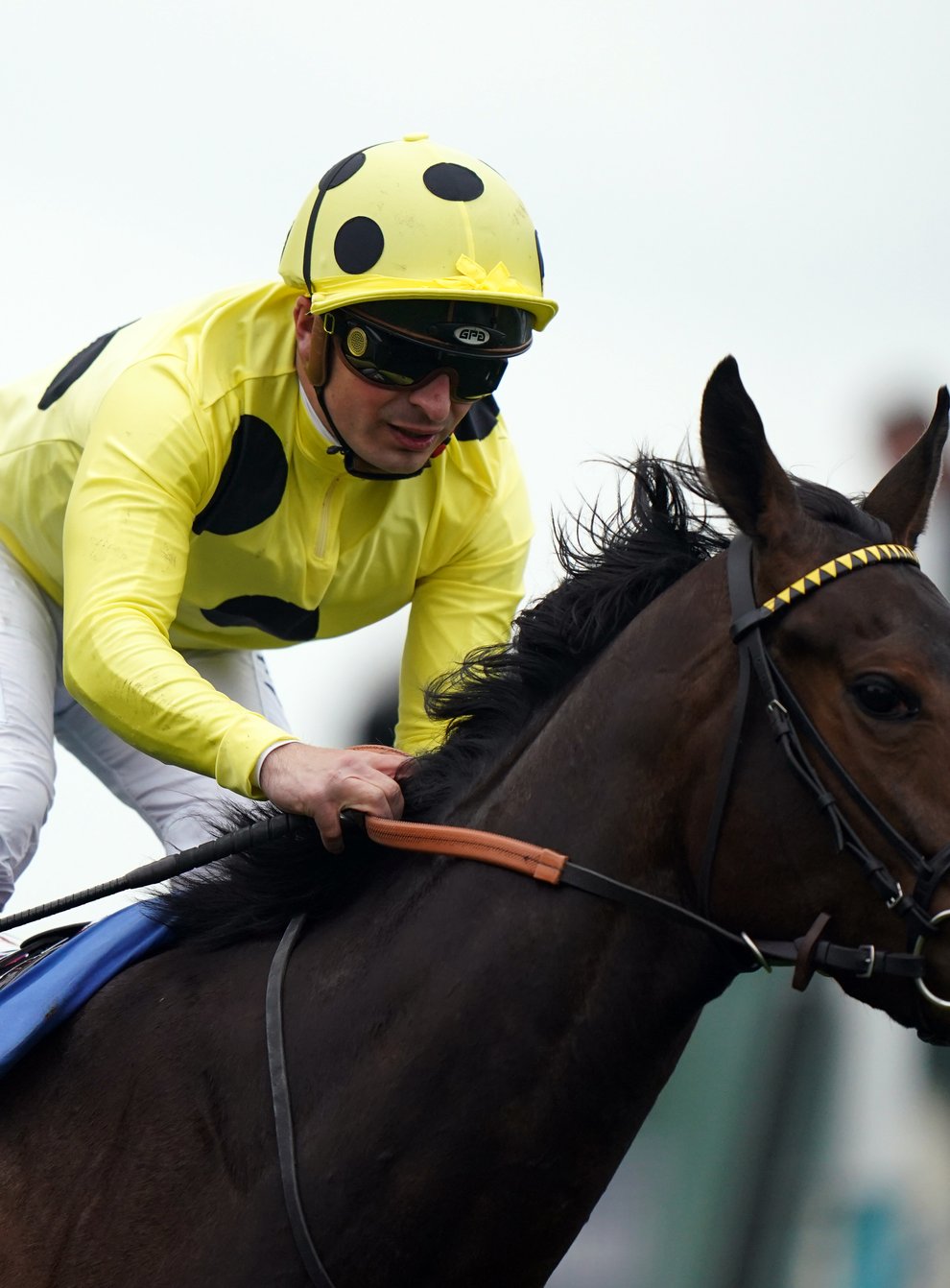 Fonteyn ridden by Andrea Atzeni on their way to winning the Oaks Farm Stables Fillies’ Stakes during day three of the Dante Festival 2022 at York racecourse (Tm Goode/PA)