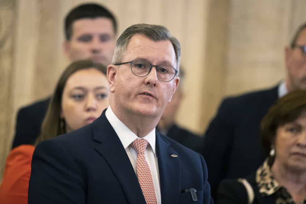DUP leader Sir Jeffrey Donaldson speaks in the Great Hall of Parliament Buildings at Stormont (Liam McBurney/PA)