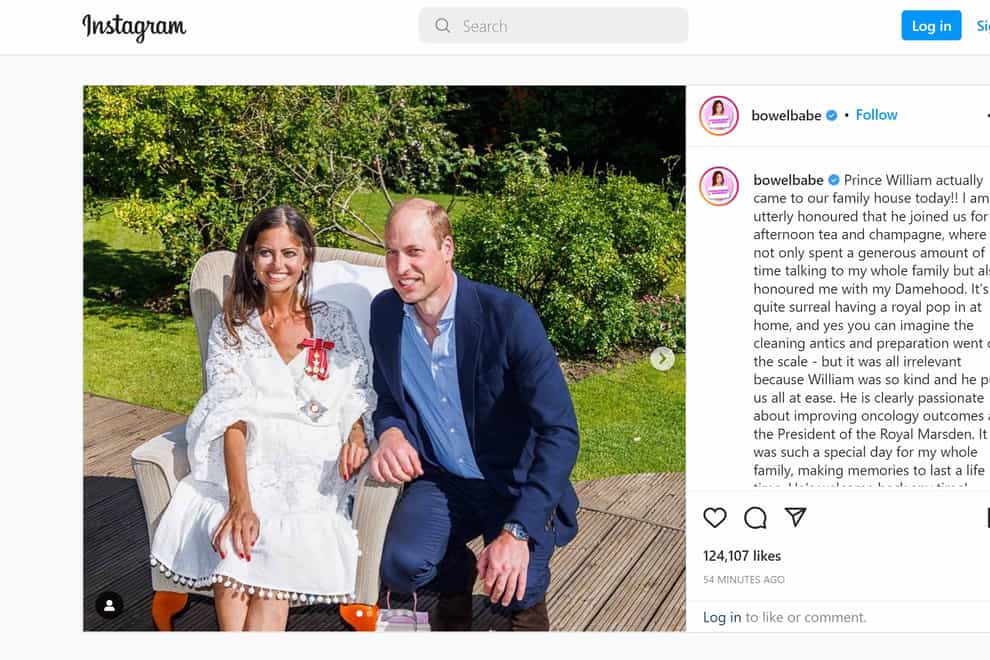 Screengrab taken from the Instagram feed of Deborah James/bowelbabe of the Duke of Cambridge at the family home of Deborah James earlier today to honour her with a damehood (Deborah James/PA)