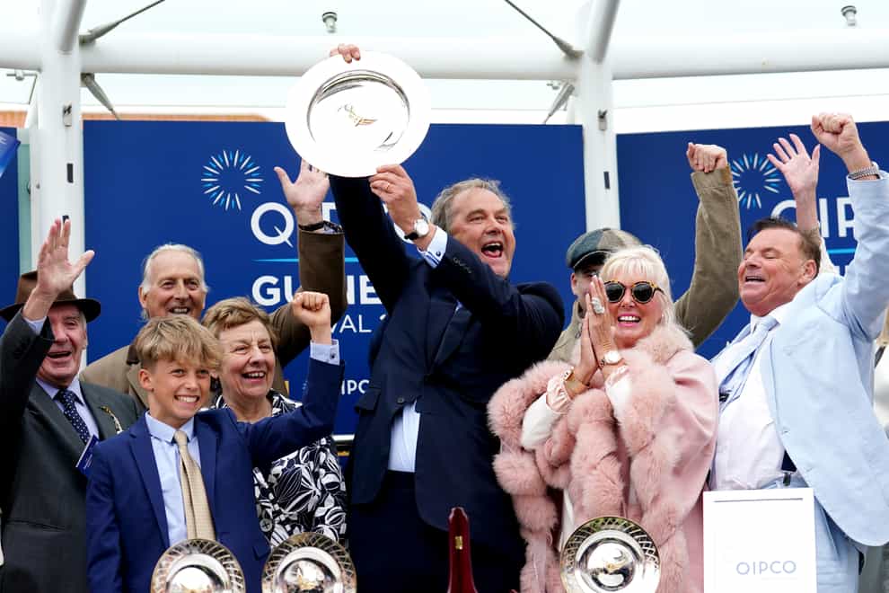 Owner Harry Herbert (centre) here celebrating winning the 1000 Guineas, has further Classic hopes for Lysander in the Derby (David Davies/PA)