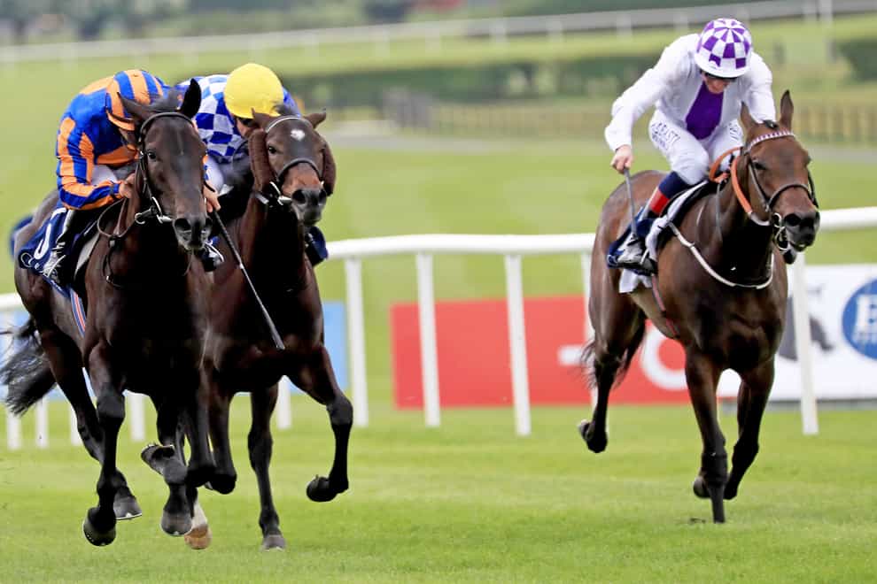 Meditate ridden by Wayne Lordan (left) on their way to winning the Coolmore Stud Irish European Breeders Fund Fillies Sprint Stakes at Naas racecourse in County Kildare, Ireland. Picture date: Sunday May 15, 2022.