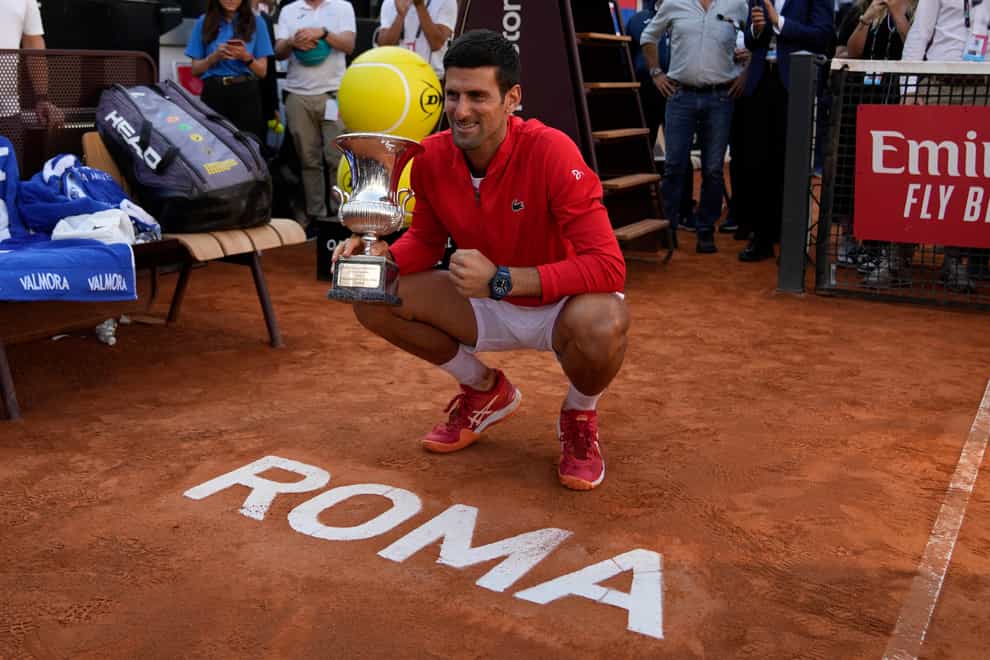 Novak Djokovic celebrates after winning a sixth Italian Open title (Alessandra Tarantino/AP/PA)