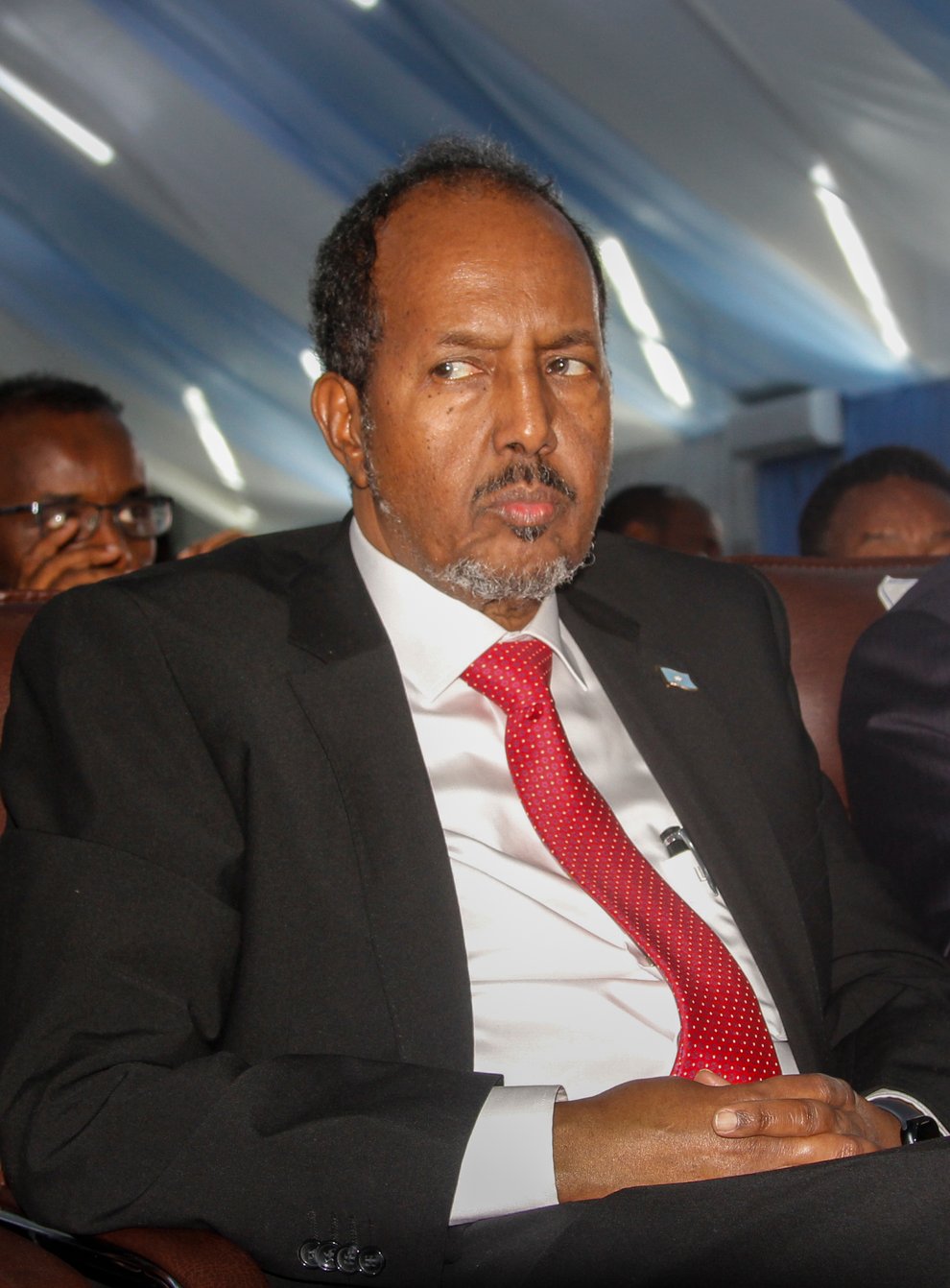 Former president Hassan Sheikh Mohamud, centre, has been re-elected (Farah Abdi Warsameh/AP)