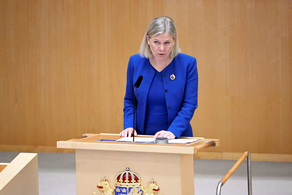 Prime Minister Magdalena Andersson talks during the parliamentary debate on the Swedish application for Nato membership in Stockholm (Henrik Montgomery/TT News Agency via AP)