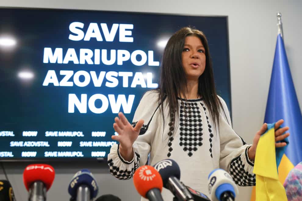 Ruslana, Ukrainian singer and former Eurovision Song Contest winner, speaks during a news conference in Istanbul, Turkey (Mucahid Yapici/AP)