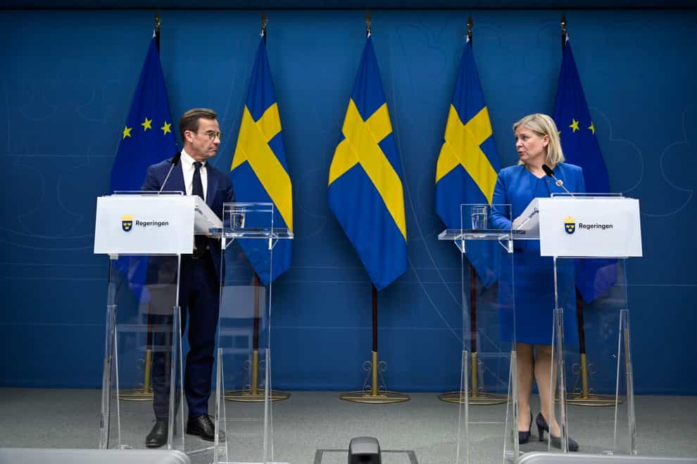 Sweden’s Prime Minister Magdalena Andersson and the Moderate Party’s leader Ulf Kristersson (Henrik Montgomery/TT News Agency via AP)