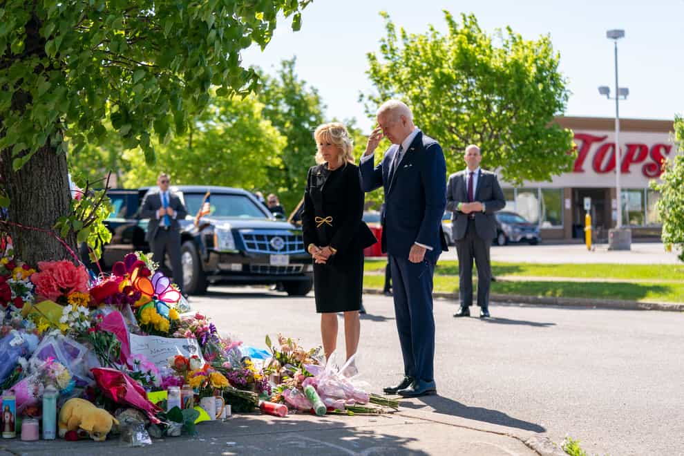 President Joe Biden and first lady Jill Biden visit the scene of a shooting at a supermarket to pay respects and speak to families of the victims of Saturday’s shooting in Buffalo, New York (Andrew Harnik/AP)