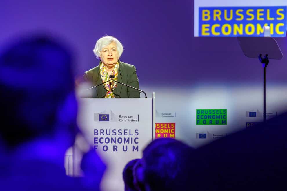 US Treasury Secretary Janet Yellen speaking in Brussels (Olivier Matthys/AP)