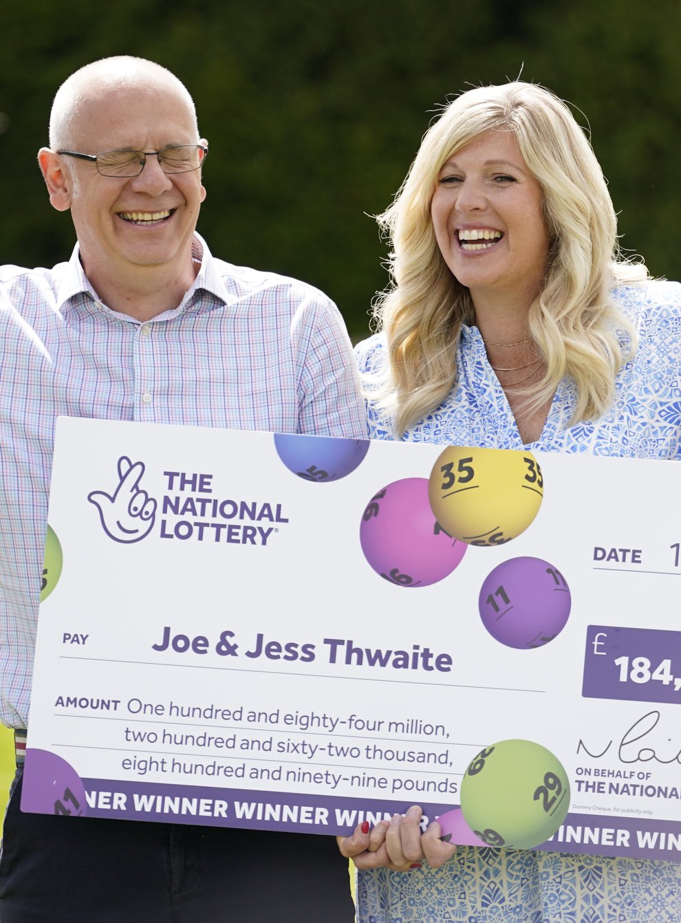 Joe Thwaite and Jess Thwaite celebrate after winning the record-breaking EuroMillions jackpot (Andrew Matthews/PA)