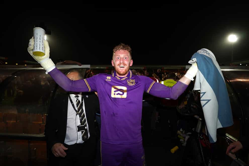 Port Vale goalkeeper Aidan Stone celebrates victory in the penalty shoot-out (Nick Potts/PA)