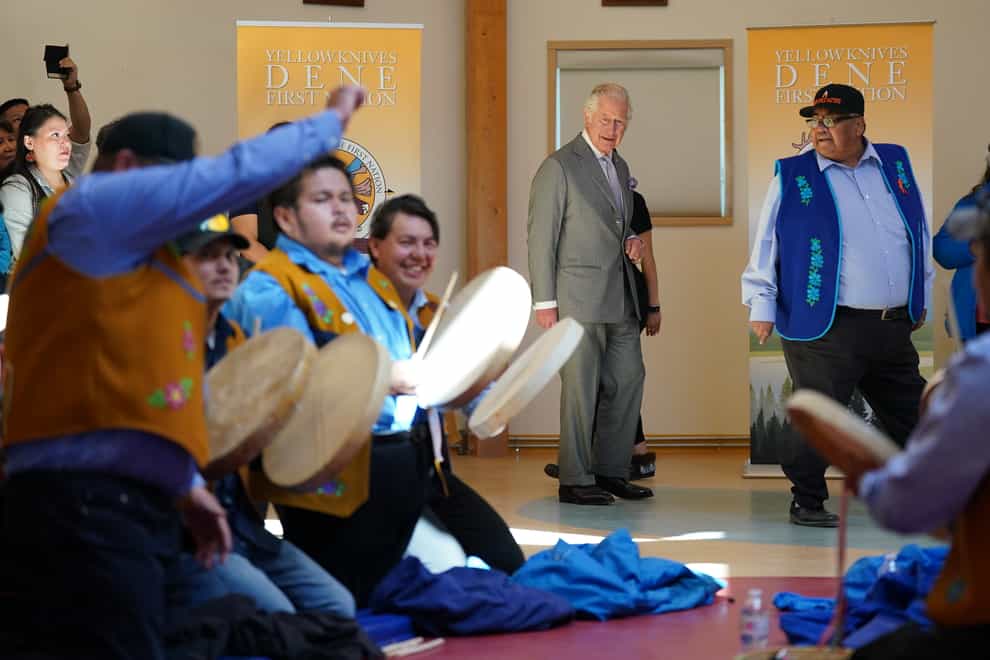 Charles busted some moves as he took part in 1,000-year-old traditional Dene Drum Dance in Yellowknife, the capital of Canada’s Northwest Territories (Jacob King/PA)