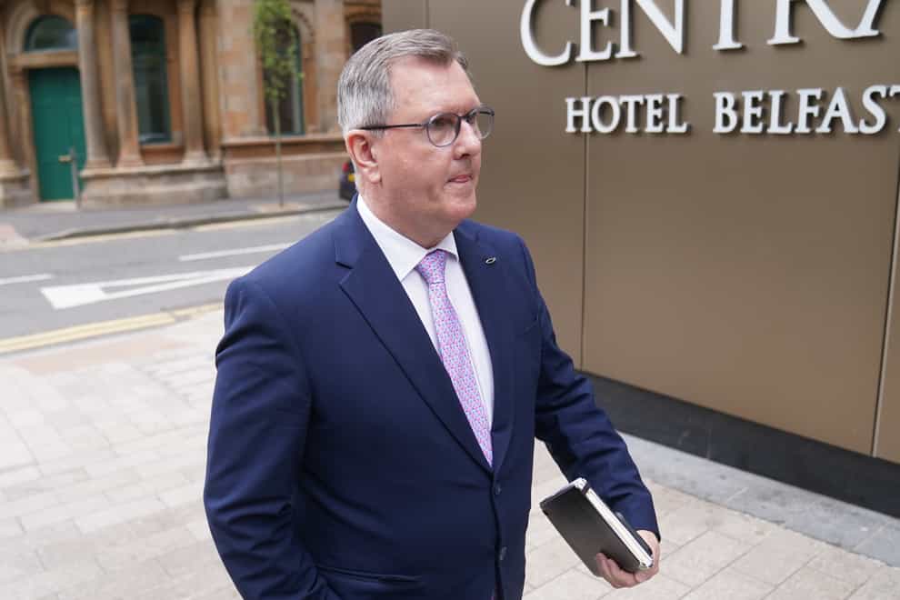 DUP leader Sir Jeffrey Donaldson arrives at the Grand Central Hotel in Belfast, ahead of his meeting with Taoiseach Micheal Martin (Brian Lawless/PA)