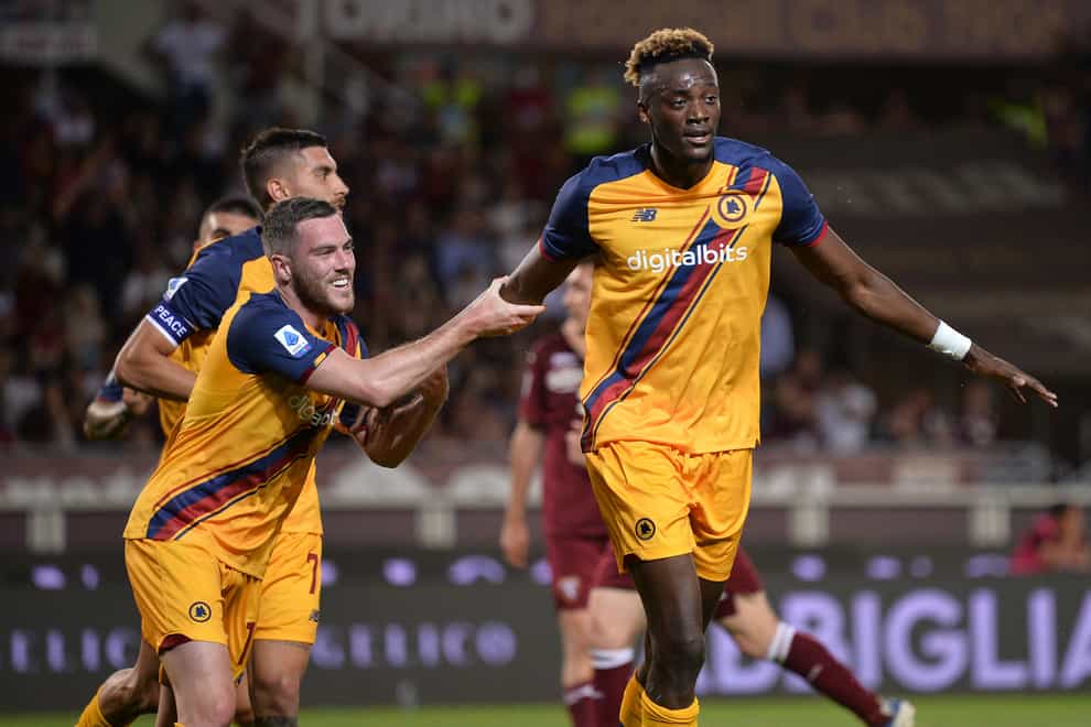 Tammy Abraham (right) celebrates scoring Roma’s second goal in their 3-0 Serie A win at Torino (Spada/LaPresse via AP)