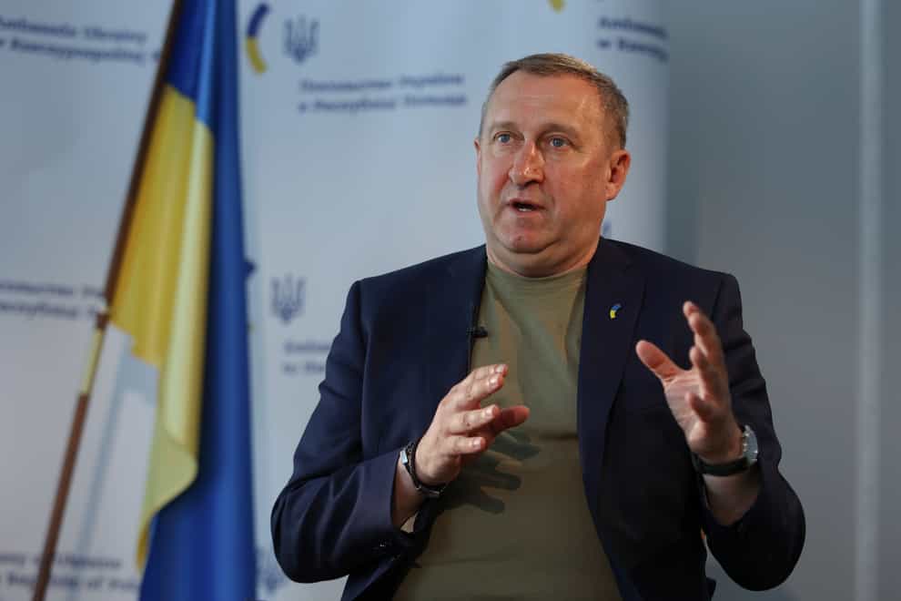 Ukrainian ambassador to Poland Andrii Deshchytsia speaks during an interview with the Associated Press in Warsaw, Poland (Michal Dyjuk/AP)