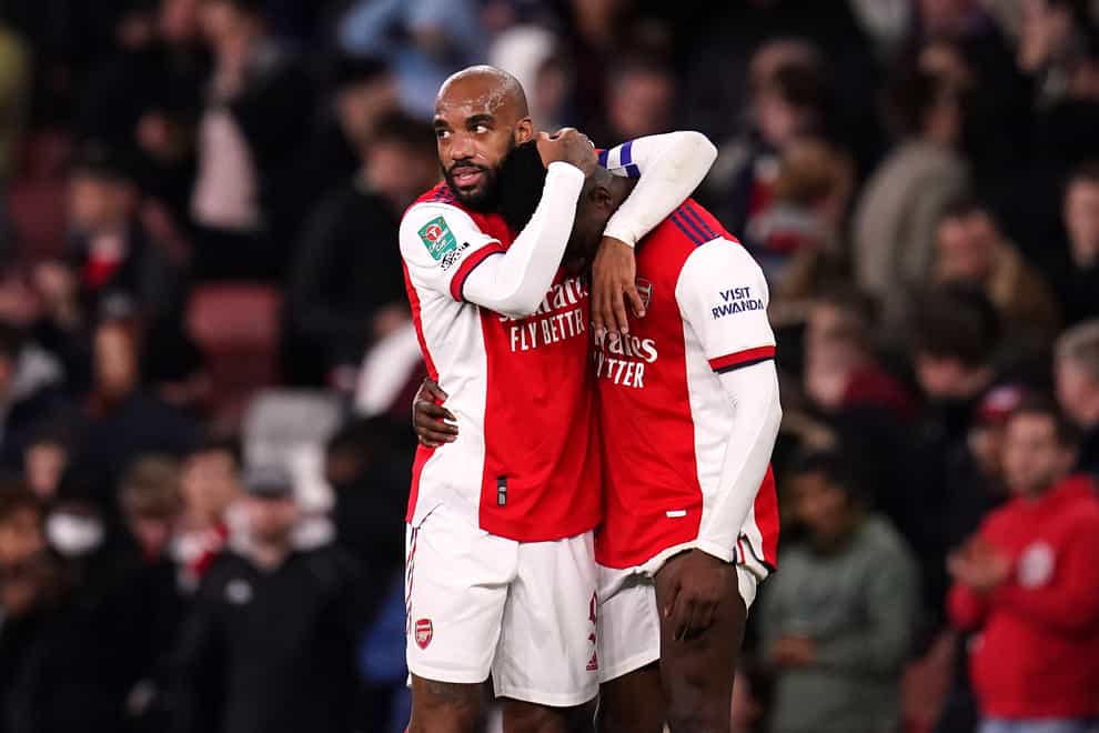 Alexandre Lacazette and Eddie Nketiah (right) are both out of contract this summer (John Walton/PA)