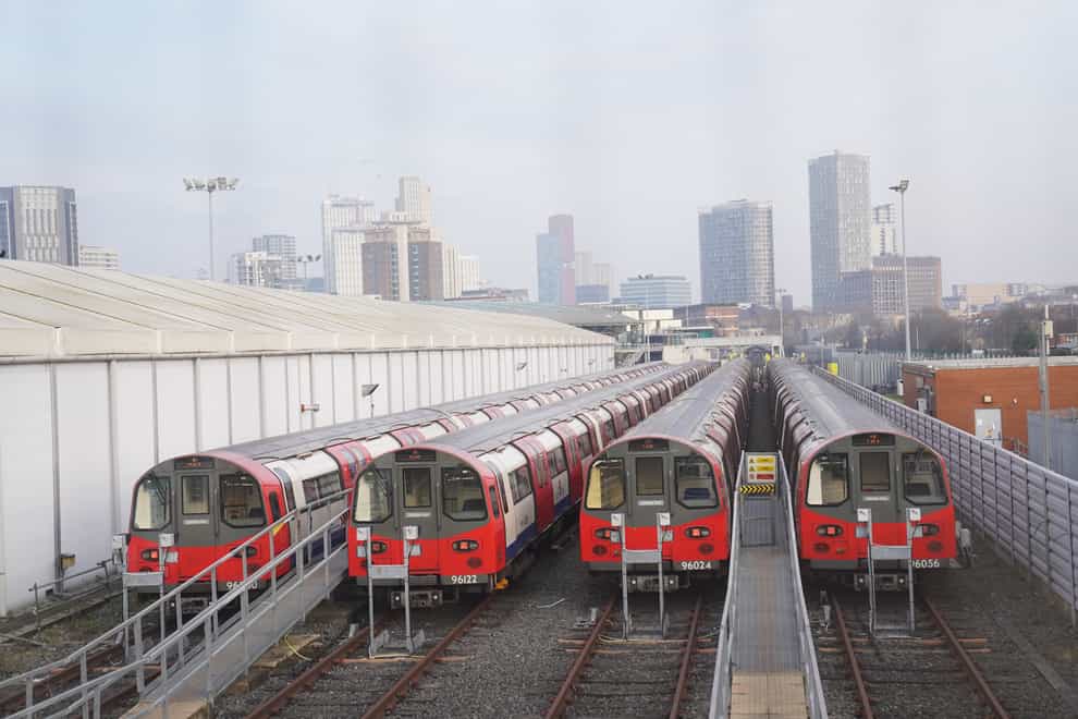 Jubilee line trains parked at the London Underground Stratford Market Depot in Stratford, east London (Stefan Rousseau/PA)