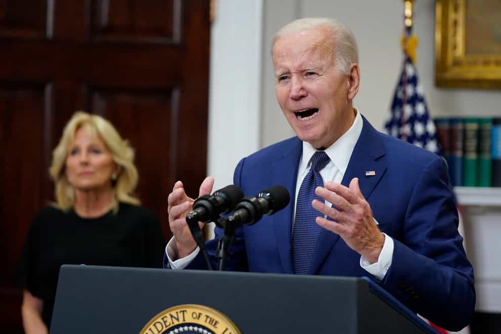 President Joe Biden delivered an emotional call for new restrictions on firearms after a gunman opened fire at a Texas elementary school on Tuesday (Manuel Balce Ceneta/AP)