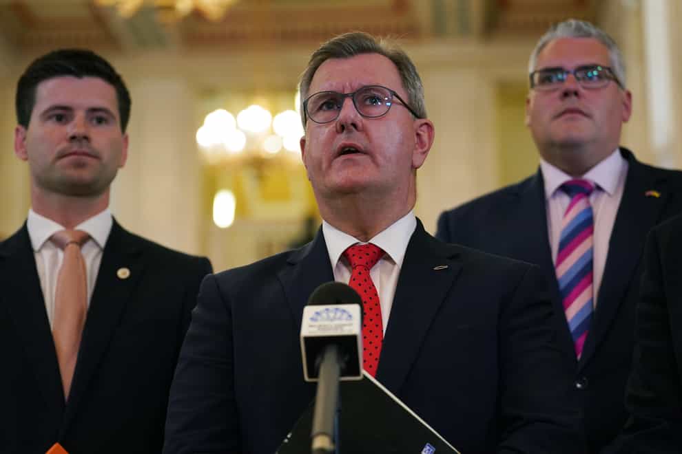 DUP leader Jeffrey Donaldson (centre) speaking to the media in the great hall following his meeting with Congressman Richard Neal at Parliament Buildings, Stormont, Belfast (Brian Lawless/PA)