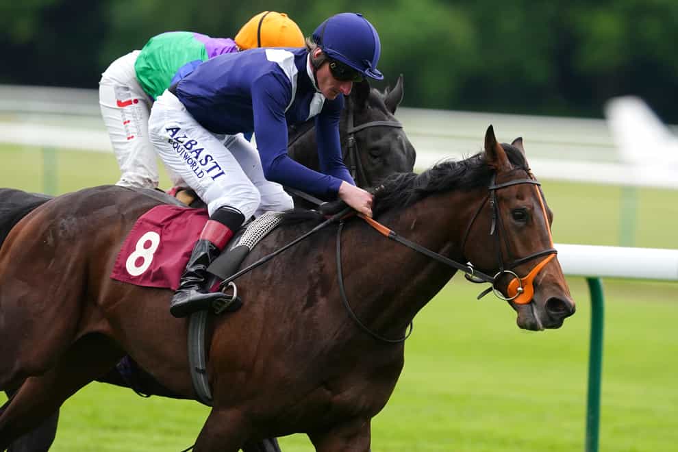 Scholarship and Adam Kirby coming home to win the Betfred Passionate About Sport EBF Maiden Stakes at Haydock Park (Martin Rickett/PA)