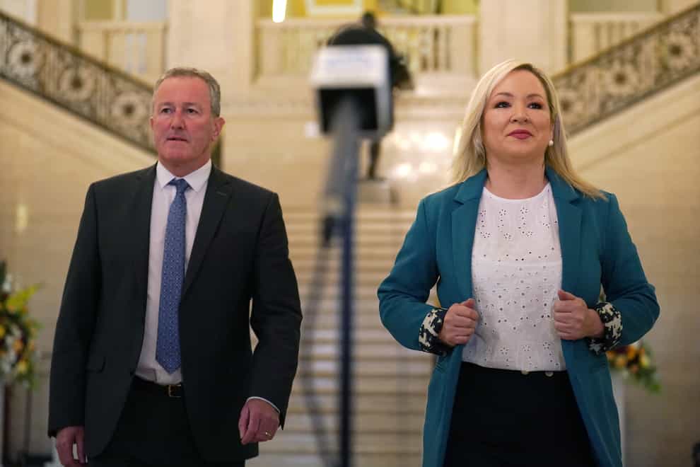 Sinn Fein Vice President Michelle O’Neill and party colleague Conor Murphy in Stormont on Thursday (Brian Lawless/PA)
