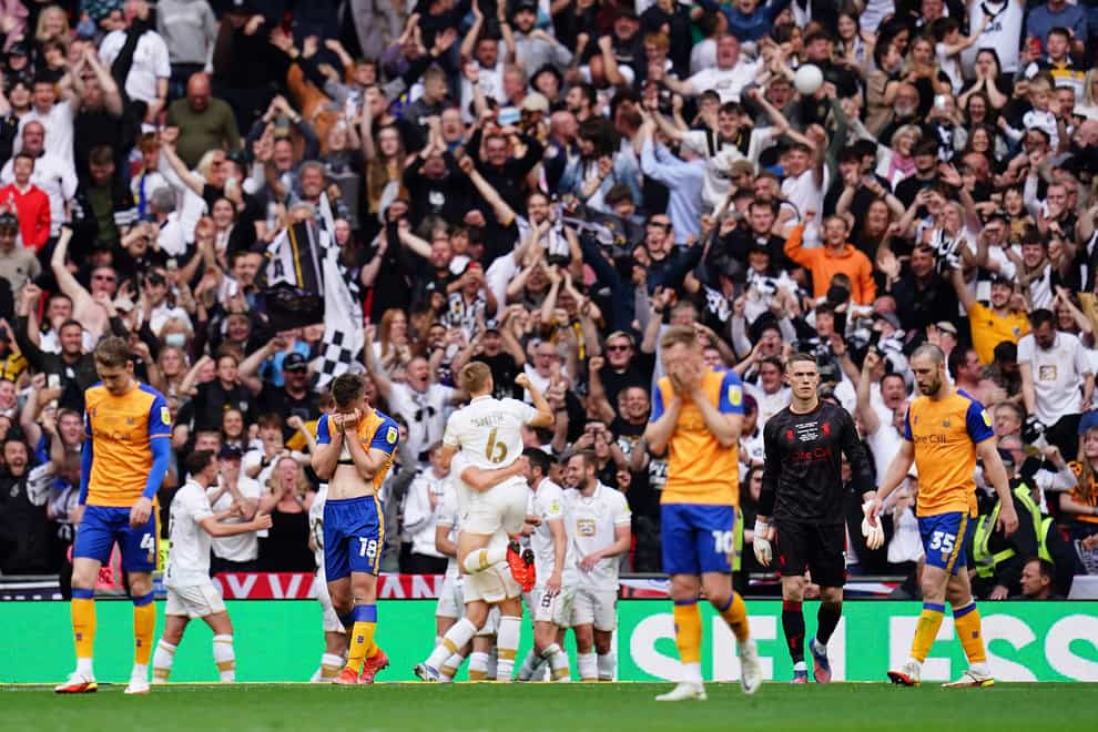 Port Vale celebrate after scoring in the Sky Bet League Two play-off final against Mansfield (John Walton/PA)