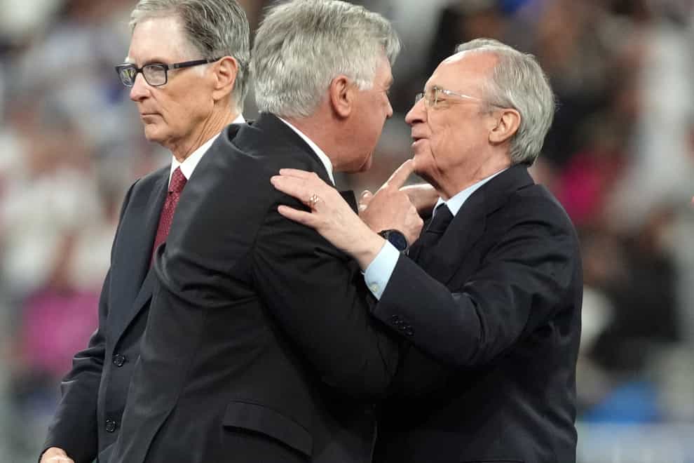 Real Madrid president Florentino Perez (right) with manager Carlo Ancelotti (centre) (Nick Potts/PA)