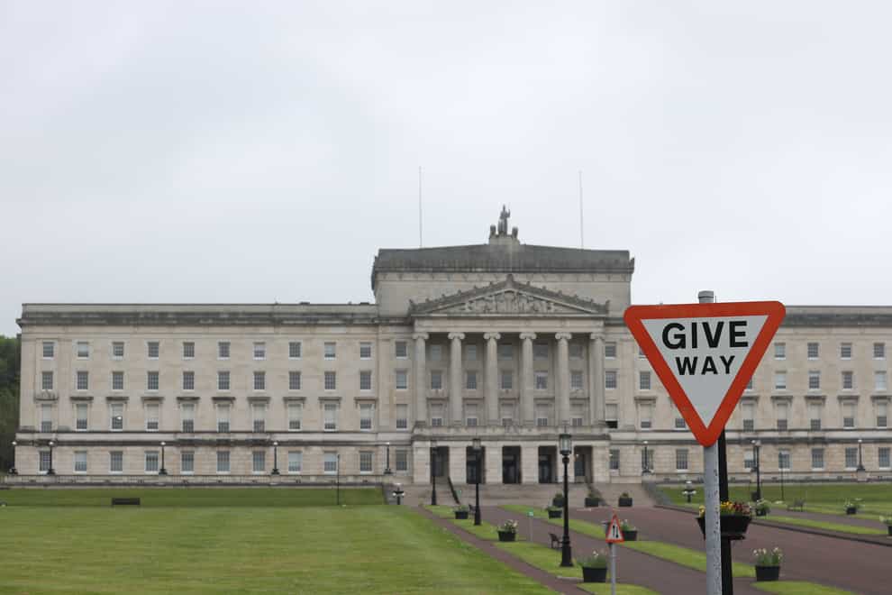 A Give Way sign at Parliament Buildings at Stormont, Belfast, following the historic result at the weekend with Sinn Fein overtaking the DUP to become the first nationalist or republican party to emerge top at Stormont (Liam McBurney/PA)