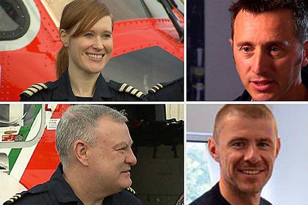 (Ffrom the top left, clockwise) Captain Dara Fitzpatrick, Captain Mark Duffy, winchman Ciaran Smith and winchman Paul Orsmby, the four crew of an Irish Coast Guard helicopter which crashed in 2017 (Irish Coast Guard/PA)